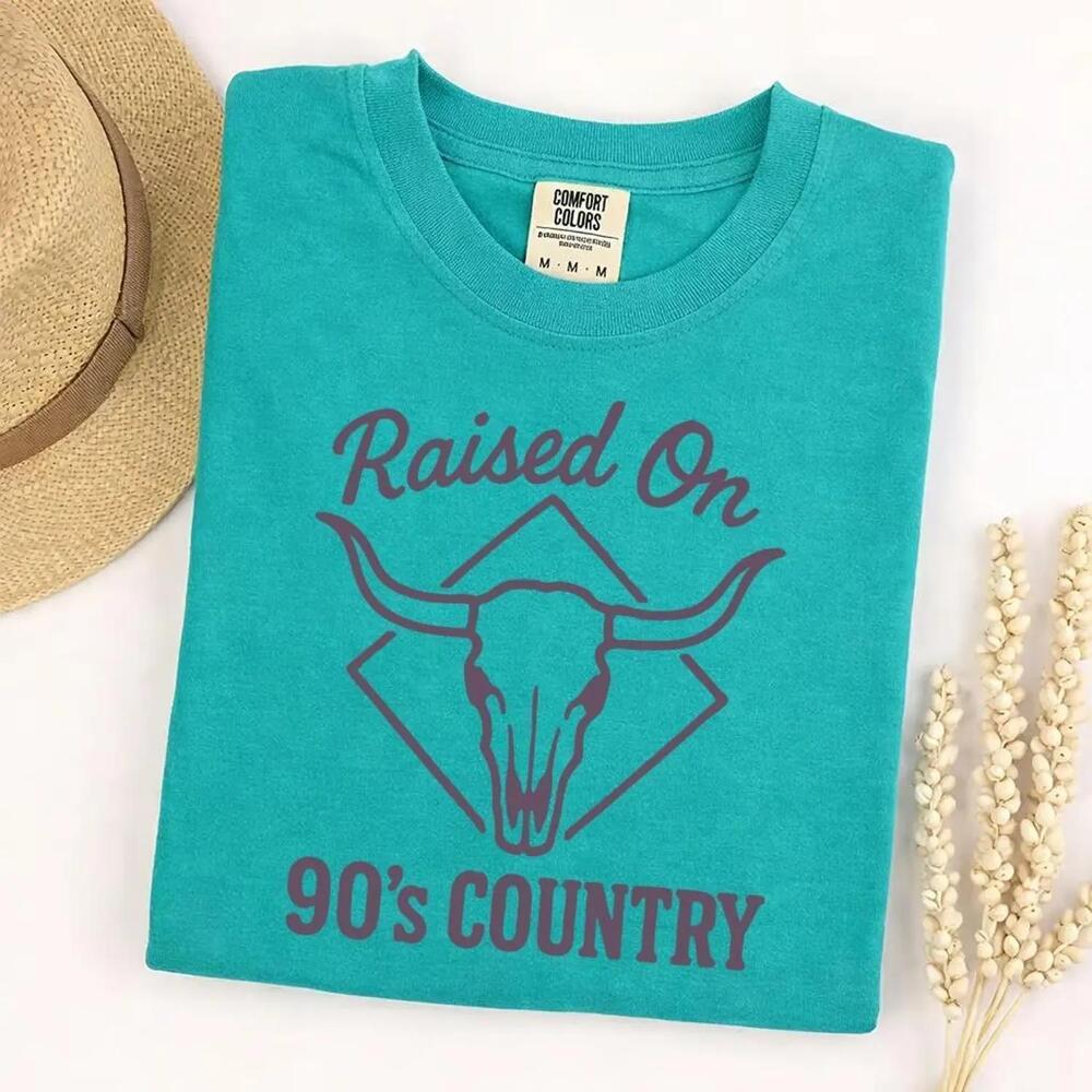 S Raised On 90S Country T-Shirt Western Bull Skull Tee